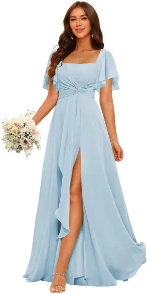 Women's Chiffon Bridesmaid Dresses with Pockets 2025 Short Sleeves Pleated Aline Formal Evening Dresses with Slit DE418