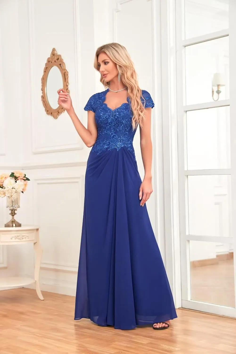 Women's Chiffon Lace Appliques Mother of The Bride Dresses for Wedding Sequin V-Neck Formal Evening Dresses