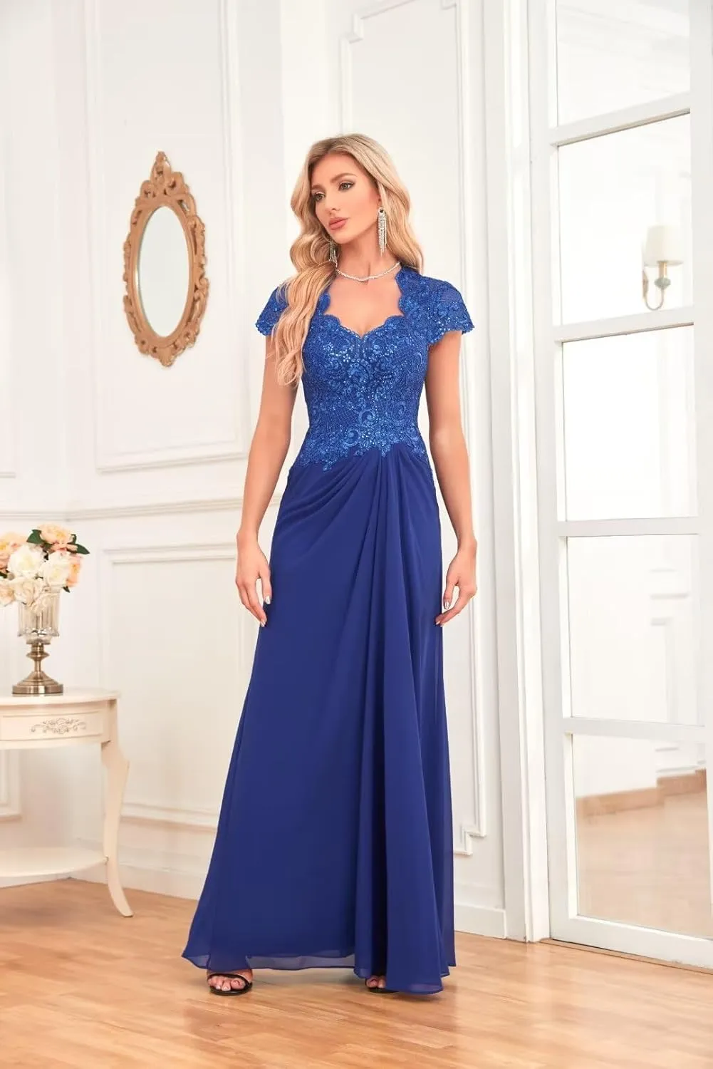 Women's Chiffon Lace Appliques Mother of The Bride Dresses for Wedding Sequin V-Neck Formal Evening Dresses