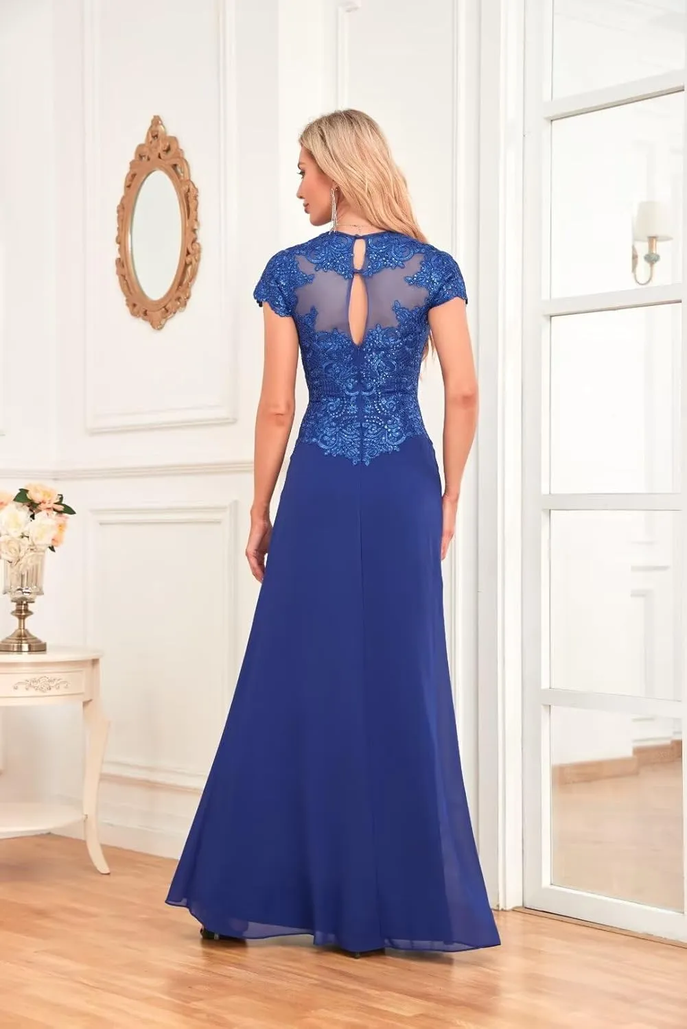 Women's Chiffon Lace Appliques Mother of The Bride Dresses for Wedding Sequin V-Neck Formal Evening Dresses
