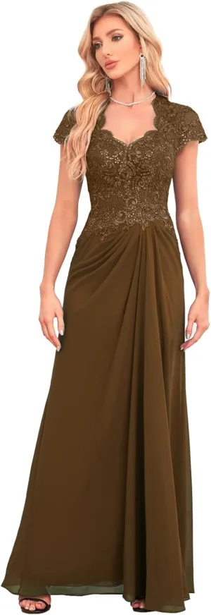 Women's Chiffon Lace Appliques Mother of The Bride Dresses for Wedding Sequin V-Neck Formal Evening Dresses