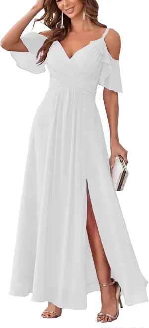 Women's Cold Shoulder Chiffon Bridesmaid Dresses Long Formal Party Dress with Slit QD095