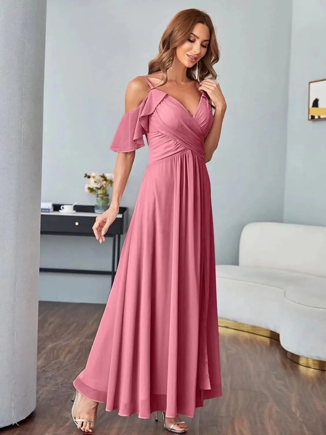 Women's Cold Shoulder Chiffon Bridesmaid Dresses Long Formal Party Dress with Slit QD095