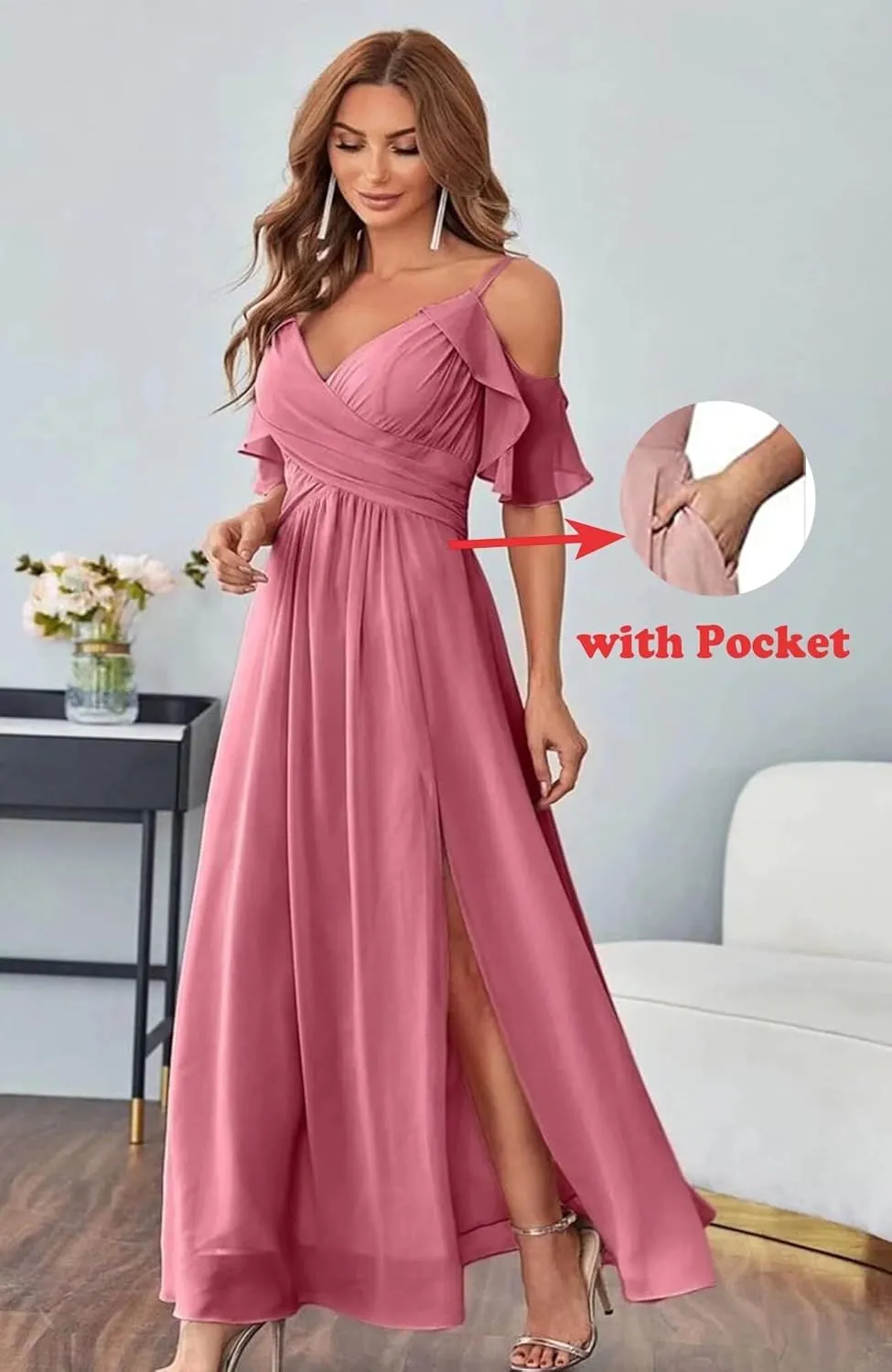 Women's Cold Shoulder Chiffon Bridesmaid Dresses Long Formal Party Dress with Slit QD095