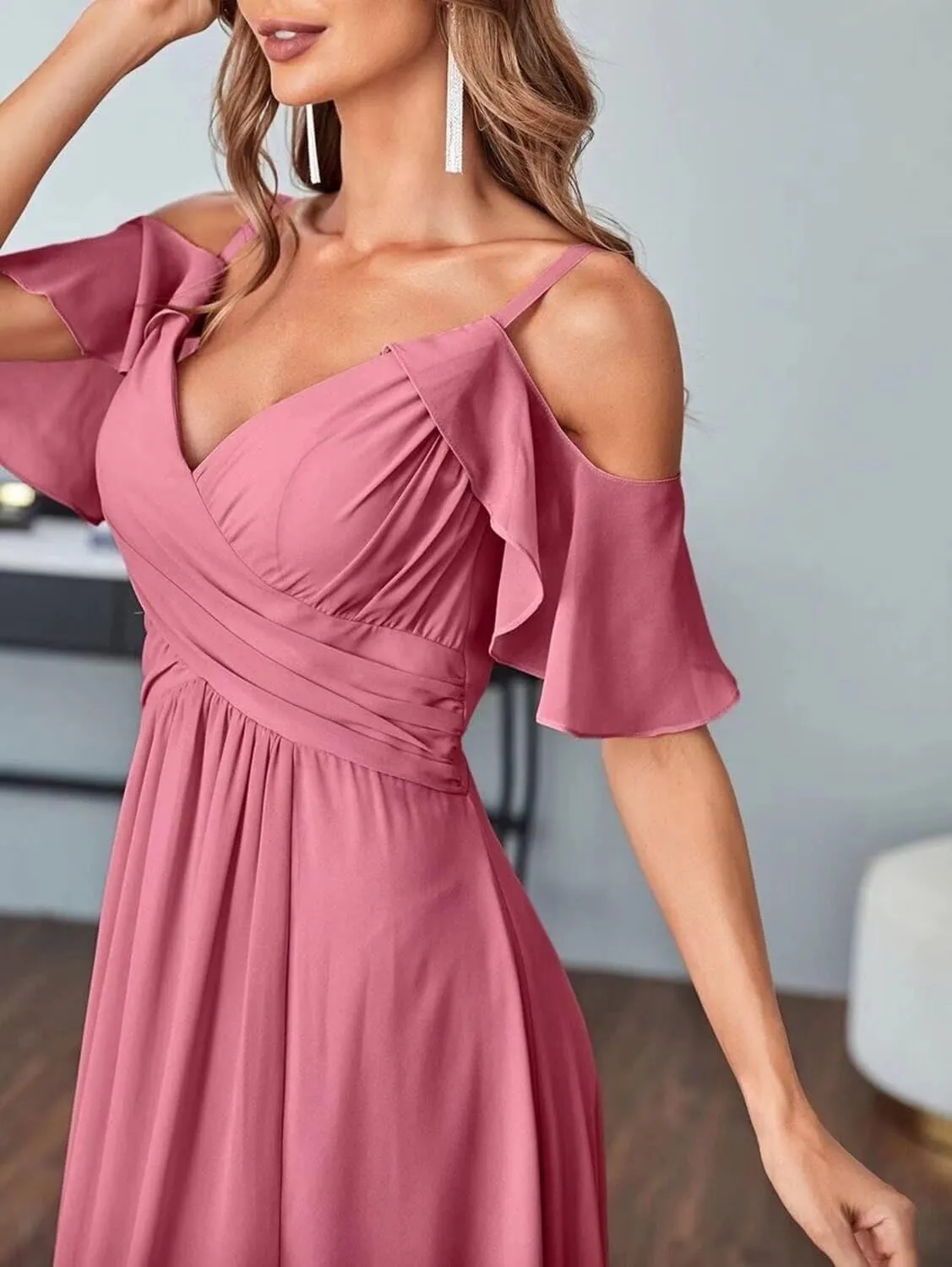 Women's Cold Shoulder Chiffon Bridesmaid Dresses Long Formal Party Dress with Slit QD095
