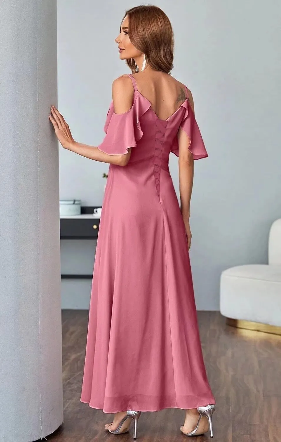 Women's Cold Shoulder Chiffon Bridesmaid Dresses Long Formal Party Dress with Slit QD095