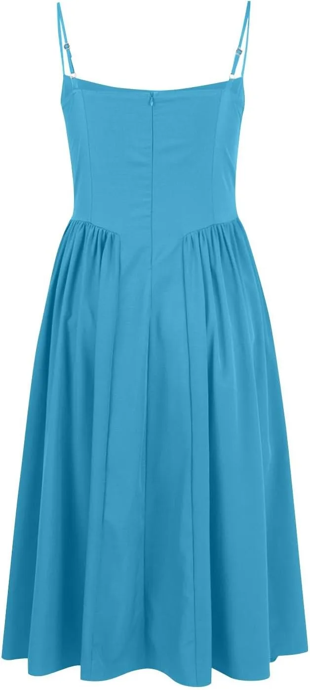 Womens Corset Dress Elegant Spaghetti Strap Bustier Midi Dress Flowy Pleated Hem Low Cut Prom Dresses with Pockets