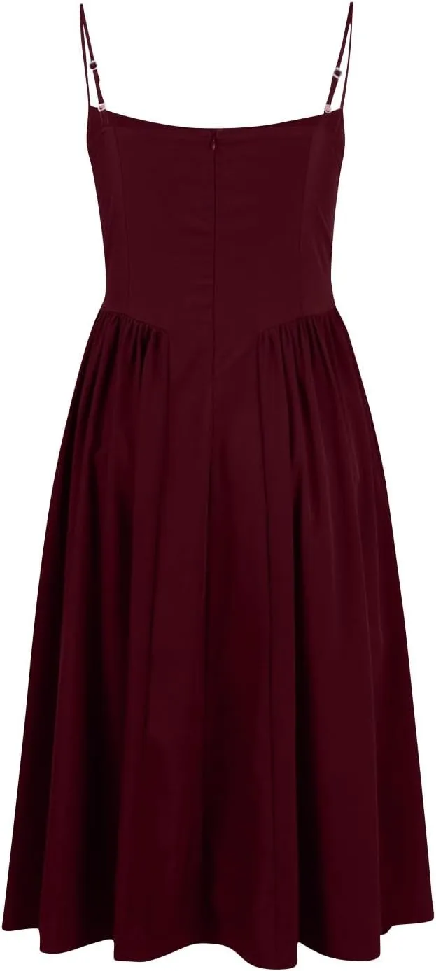 Womens Corset Dress Elegant Spaghetti Strap Bustier Midi Dress Flowy Pleated Hem Low Cut Prom Dresses with Pockets