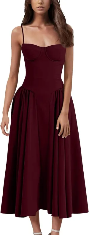 Womens Corset Dress Elegant Spaghetti Strap Bustier Midi Dress Flowy Pleated Hem Low Cut Prom Dresses with Pockets