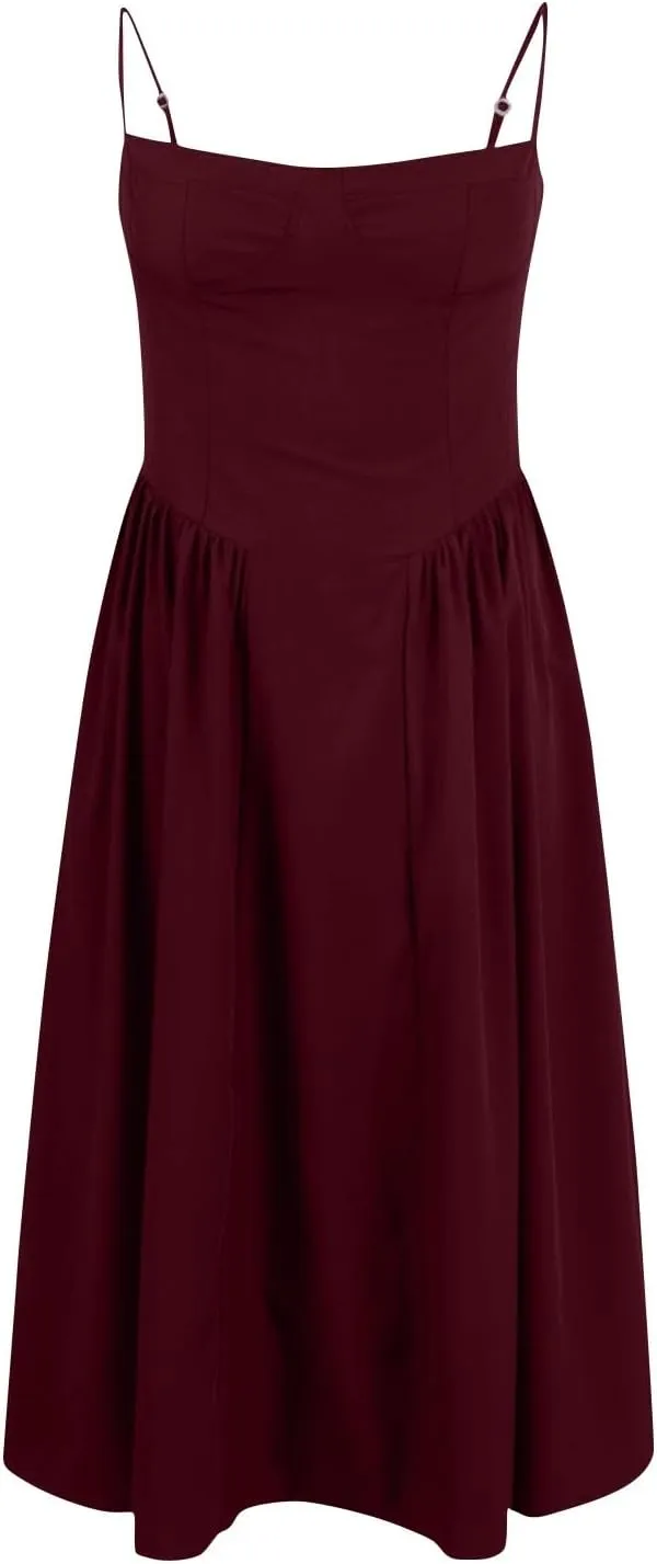 Womens Corset Dress Elegant Spaghetti Strap Bustier Midi Dress Flowy Pleated Hem Low Cut Prom Dresses with Pockets