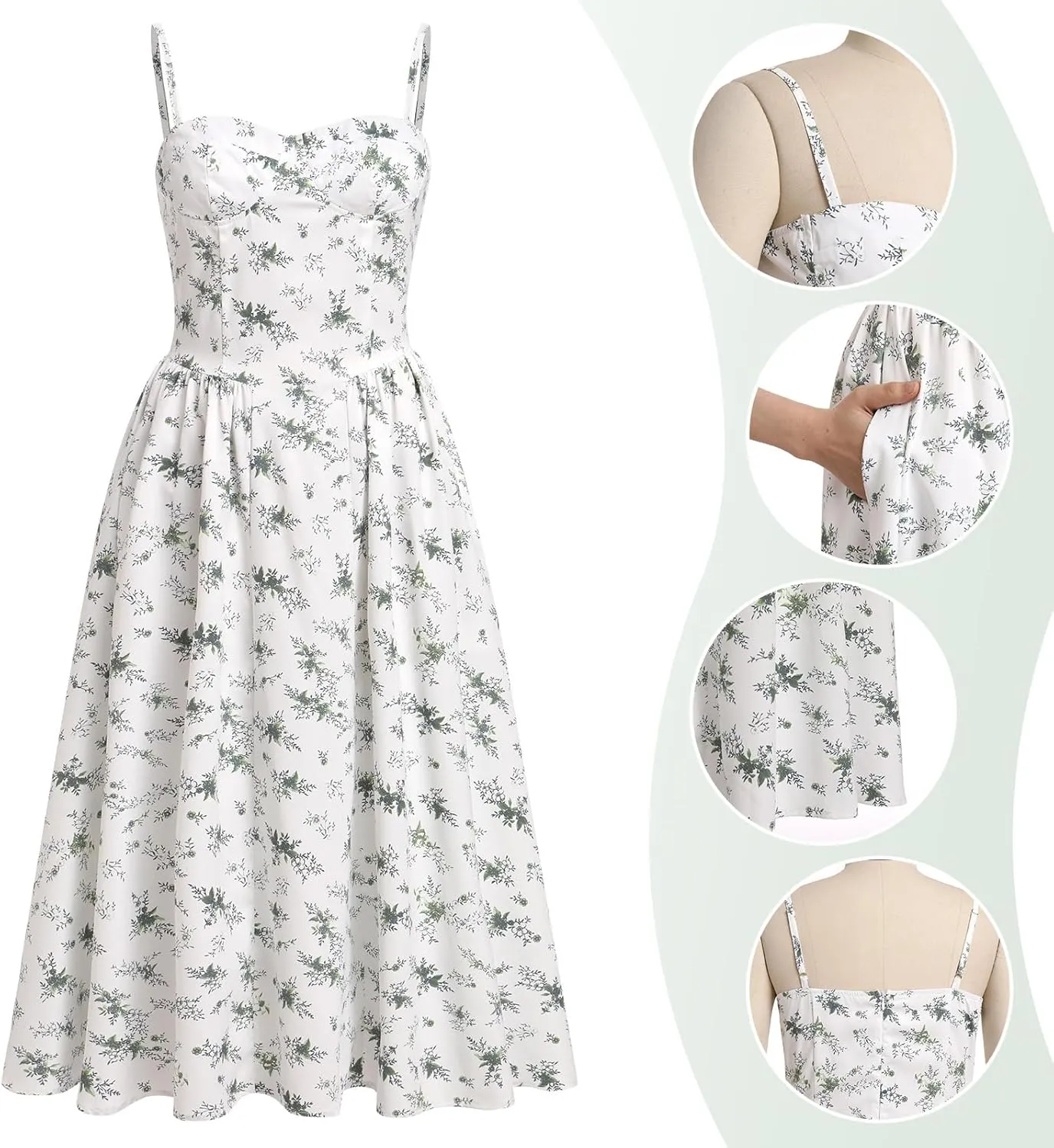 Womens Corset Dress Sexy Spaghetti Strap Bustier Midi Dress Low Cut Flowy Pleated Hem Formal Dresses with Pockets