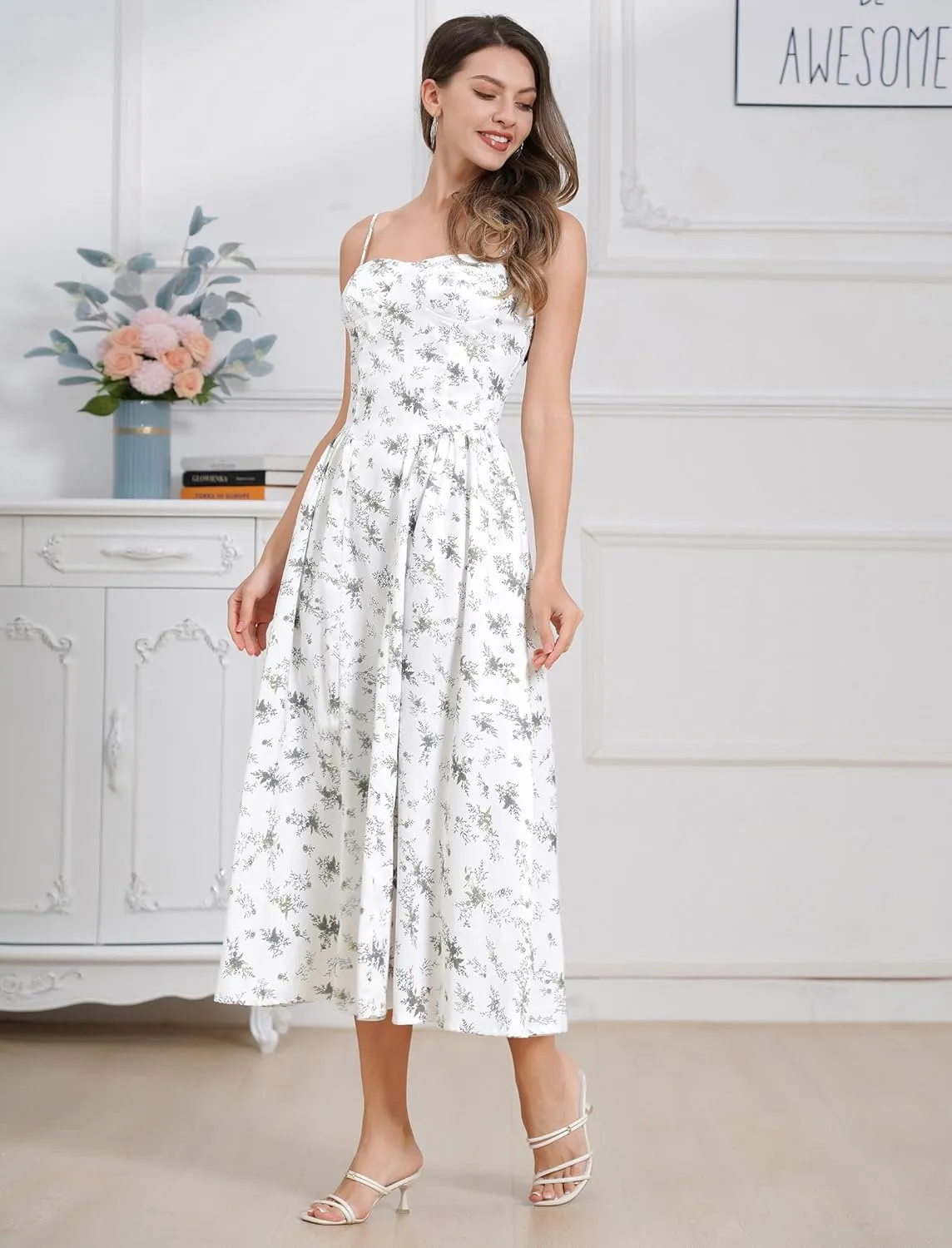 Womens Corset Dress Sexy Spaghetti Strap Bustier Midi Dress Low Cut Flowy Pleated Hem Formal Dresses with Pockets