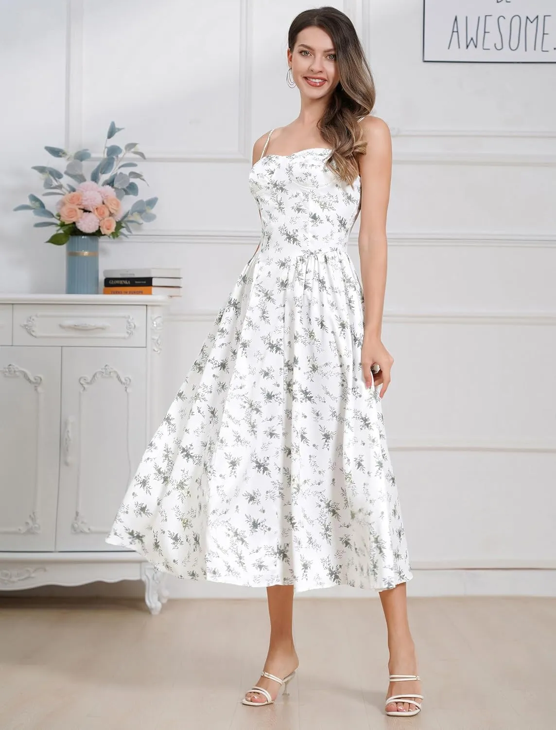 Womens Corset Dress Sexy Spaghetti Strap Bustier Midi Dress Low Cut Flowy Pleated Hem Formal Dresses with Pockets
