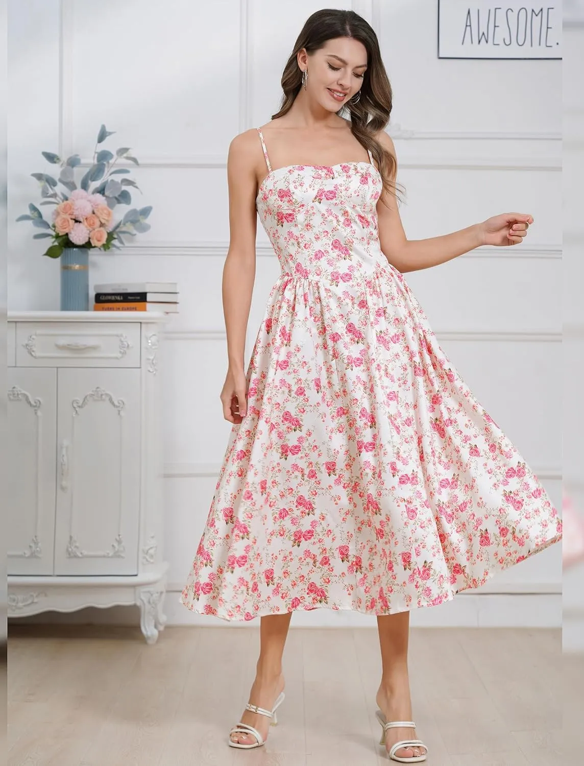 Womens Corset Dress Sexy Spaghetti Strap Bustier Midi Dress Low Cut Flowy Pleated Hem Formal Dresses with Pockets
