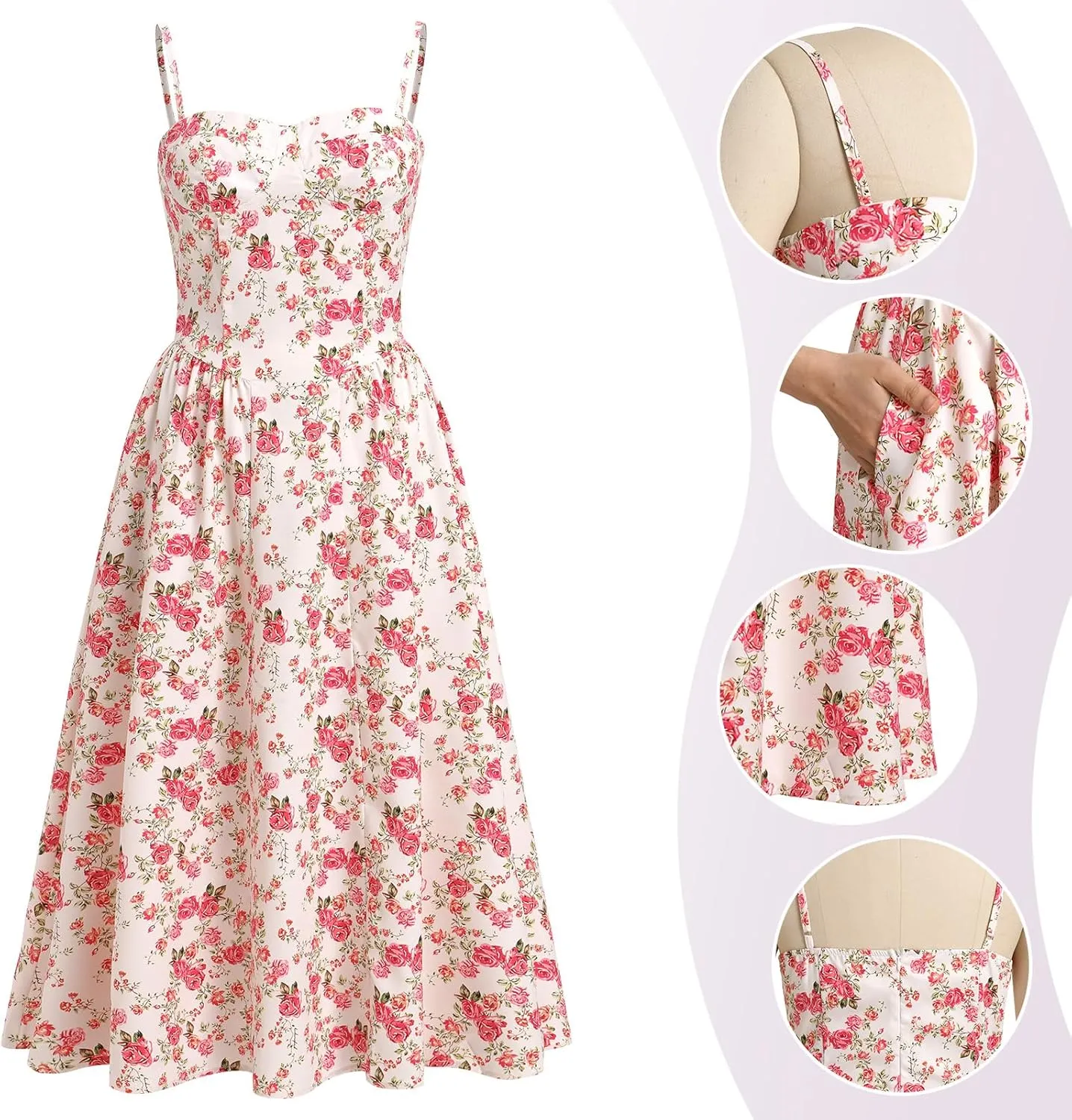 Womens Corset Dress Sexy Spaghetti Strap Bustier Midi Dress Low Cut Flowy Pleated Hem Formal Dresses with Pockets