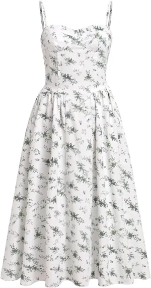 Womens Corset Dress Sexy Spaghetti Strap Bustier Midi Dress Low Cut Flowy Pleated Hem Formal Dresses with Pockets