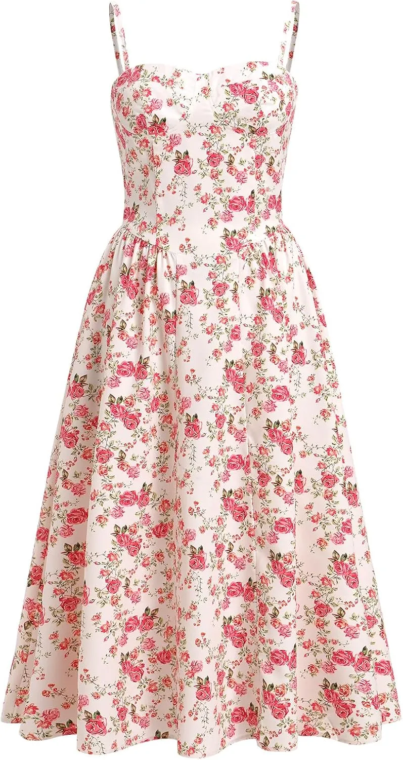 Womens Corset Dress Sexy Spaghetti Strap Bustier Midi Dress Low Cut Flowy Pleated Hem Formal Dresses with Pockets