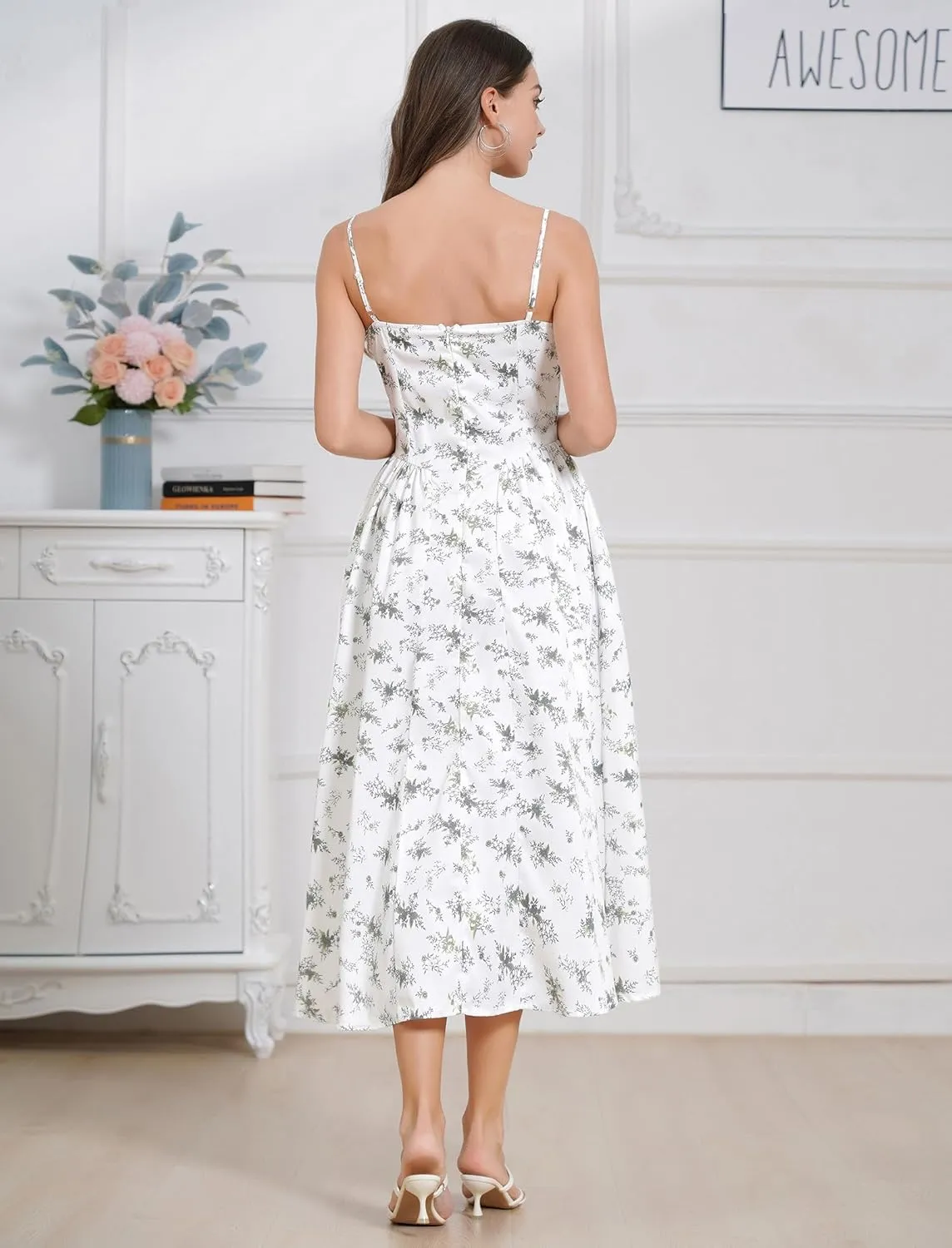 Womens Corset Dress Sexy Spaghetti Strap Bustier Midi Dress Low Cut Flowy Pleated Hem Formal Dresses with Pockets