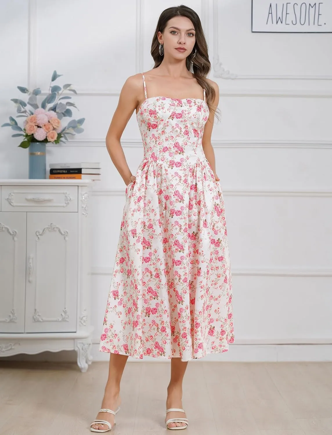 Womens Corset Dress Sexy Spaghetti Strap Bustier Midi Dress Low Cut Flowy Pleated Hem Formal Dresses with Pockets