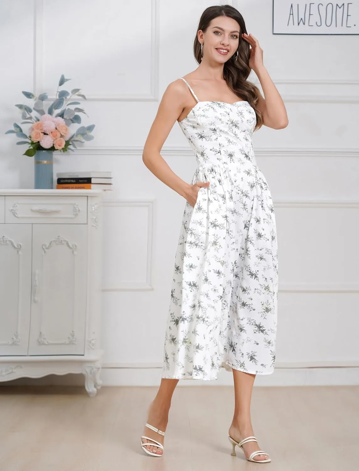 Womens Corset Dress Sexy Spaghetti Strap Bustier Midi Dress Low Cut Flowy Pleated Hem Formal Dresses with Pockets