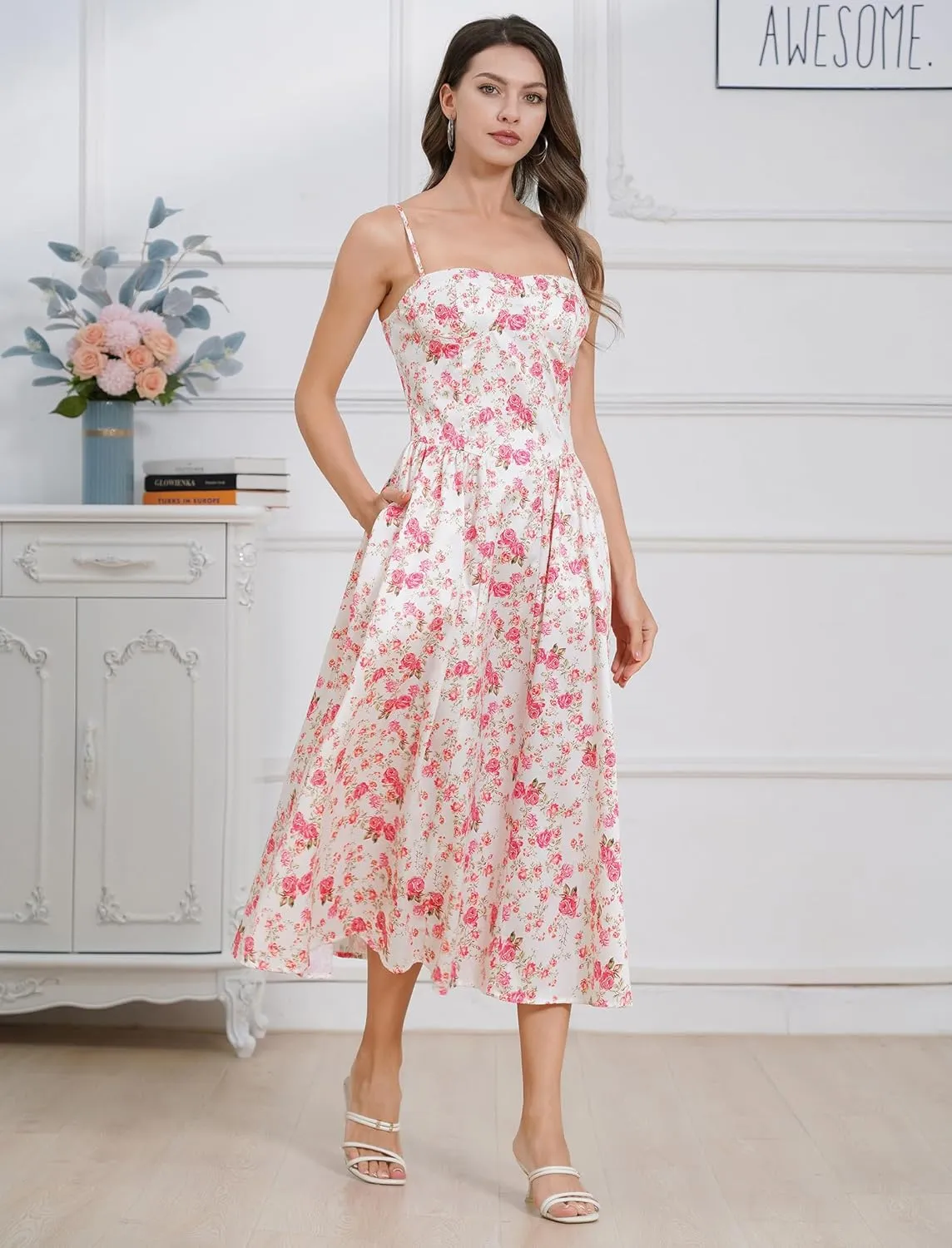 Womens Corset Dress Sexy Spaghetti Strap Bustier Midi Dress Low Cut Flowy Pleated Hem Formal Dresses with Pockets