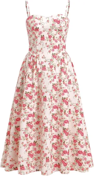 Womens Corset Dress Sexy Spaghetti Strap Bustier Midi Dress Low Cut Flowy Pleated Hem Formal Dresses with Pockets