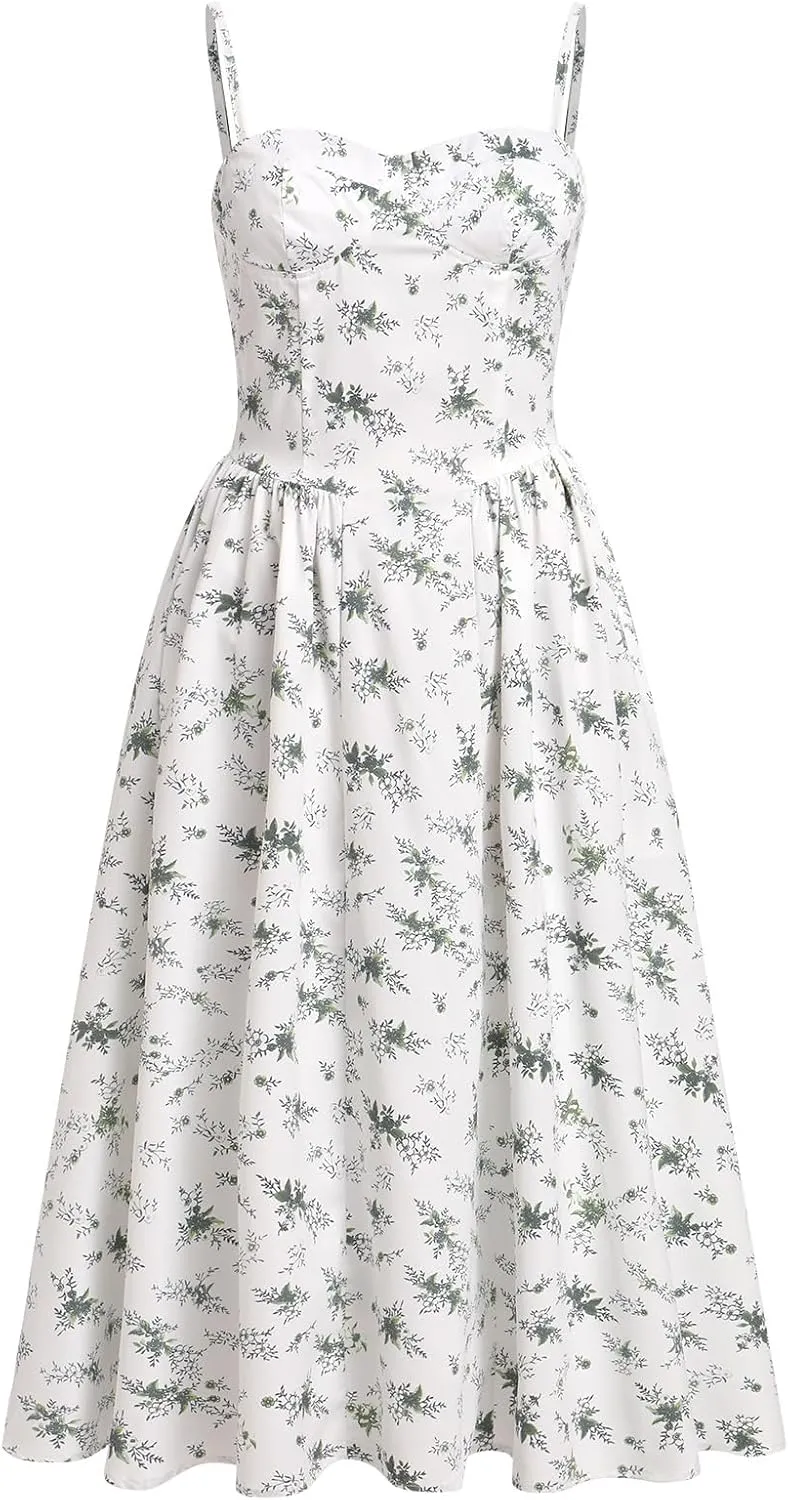 Womens Corset Dress Sexy Spaghetti Strap Bustier Midi Dress Low Cut Flowy Pleated Hem Formal Dresses with Pockets