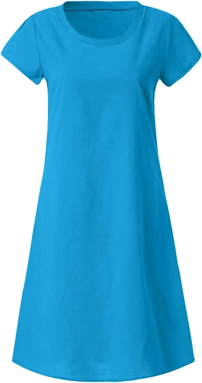 Womens Cotton Linen Midi Dress Summer Solid Color Short Sleeve V-Neck T-Shirt Casual Dresses Plus Size Flowy