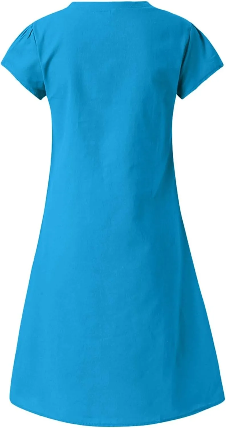 Womens Cotton Linen Midi Dress Summer Solid Color Short Sleeve V-Neck T-Shirt Casual Dresses Plus Size Flowy