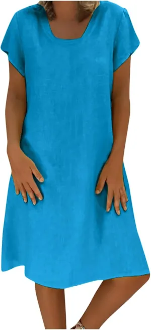 Womens Cotton Linen Midi Dress Summer Solid Color Short Sleeve V-Neck T-Shirt Casual Dresses Plus Size Flowy