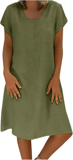 Womens Cotton Linen Midi Dress Summer Solid Color Short Sleeve V-Neck T-Shirt Casual Dresses Plus Size Flowy