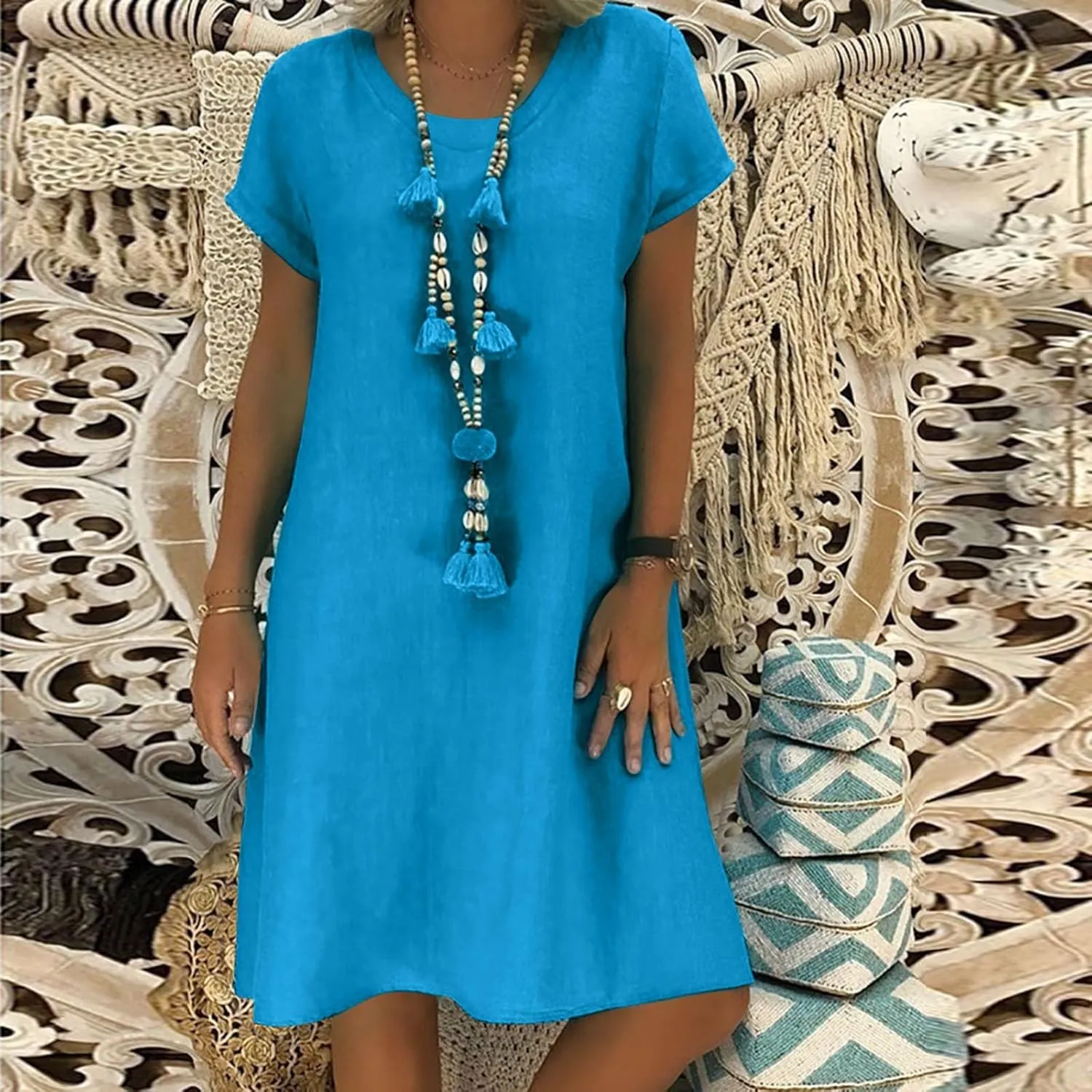 Womens Cotton Linen Midi Dress Summer Solid Color Short Sleeve V-Neck T-Shirt Casual Dresses Plus Size Flowy