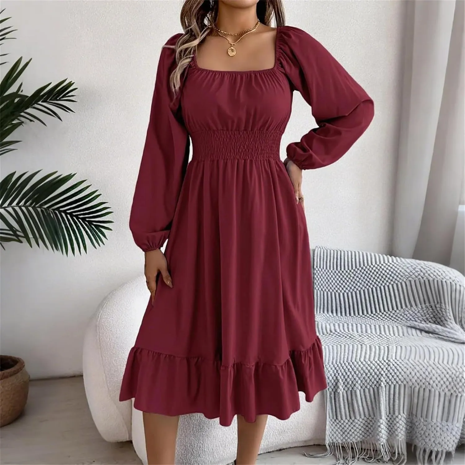 Womens Dress Long Lantern Sleeve Square Neck Elastic Waist Ruffle Flowy Swing A-Line Short Dresses 2025 Spring Fashion