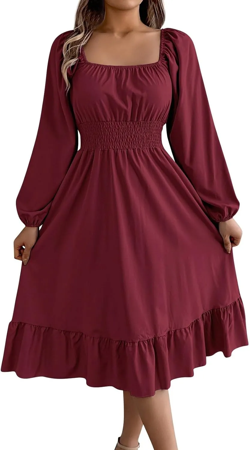Womens Dress Long Lantern Sleeve Square Neck Elastic Waist Ruffle Flowy Swing A-Line Short Dresses 2025 Spring Fashion