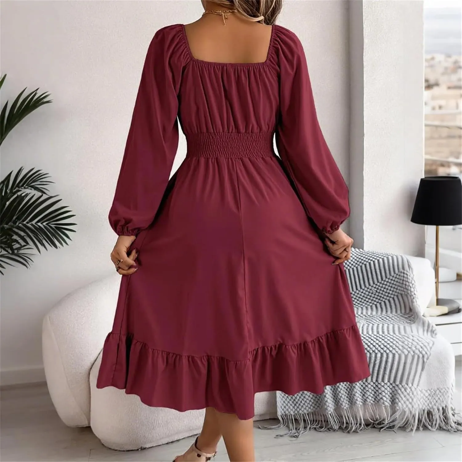 Womens Dress Long Lantern Sleeve Square Neck Elastic Waist Ruffle Flowy Swing A-Line Short Dresses 2025 Spring Fashion