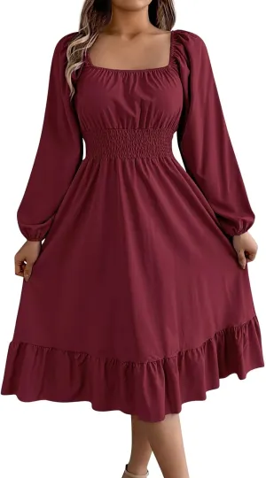 Womens Dress Long Lantern Sleeve Square Neck Elastic Waist Ruffle Flowy Swing A-Line Short Dresses 2025 Spring Fashion