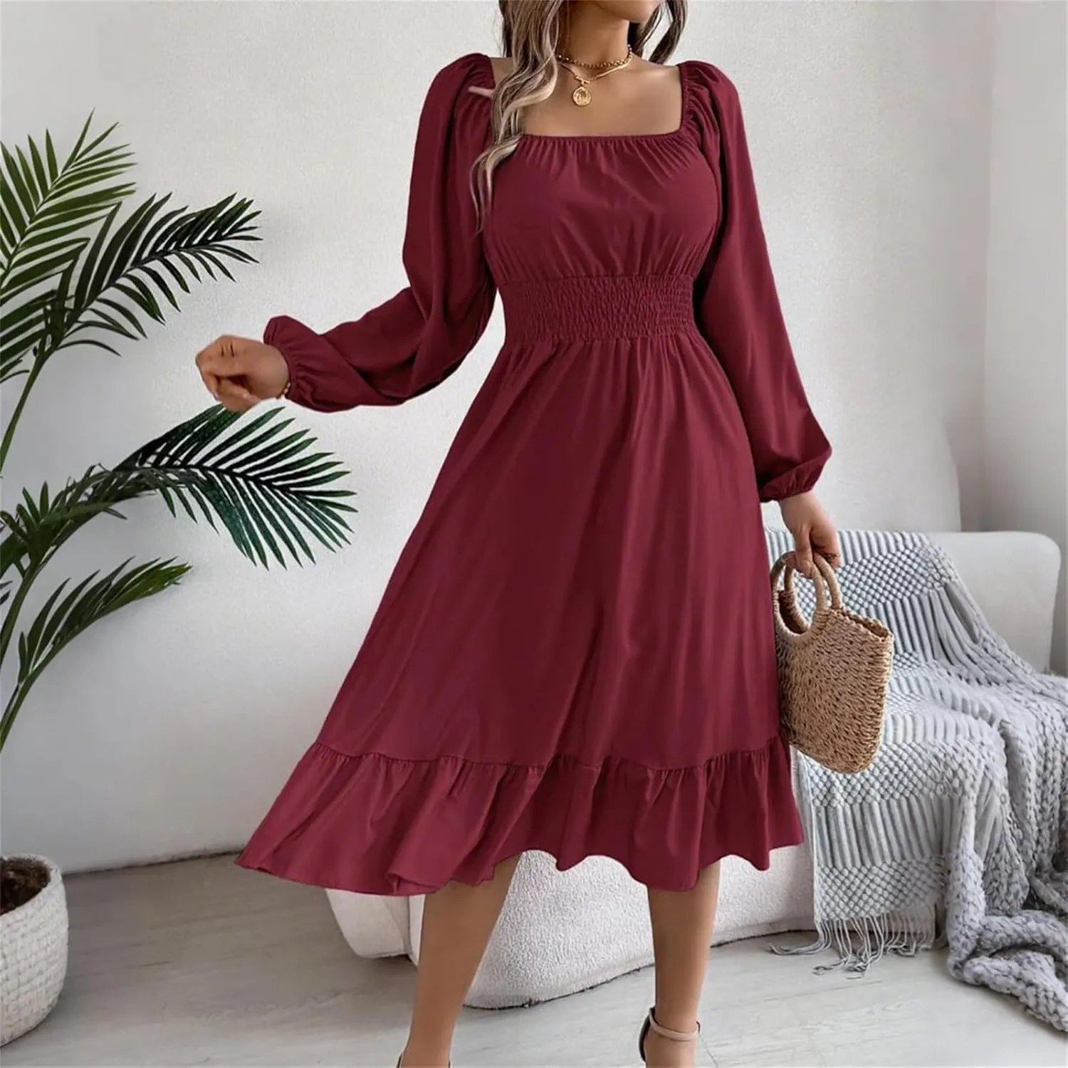 Womens Dress Long Lantern Sleeve Square Neck Elastic Waist Ruffle Flowy Swing A-Line Short Dresses 2025 Spring Fashion