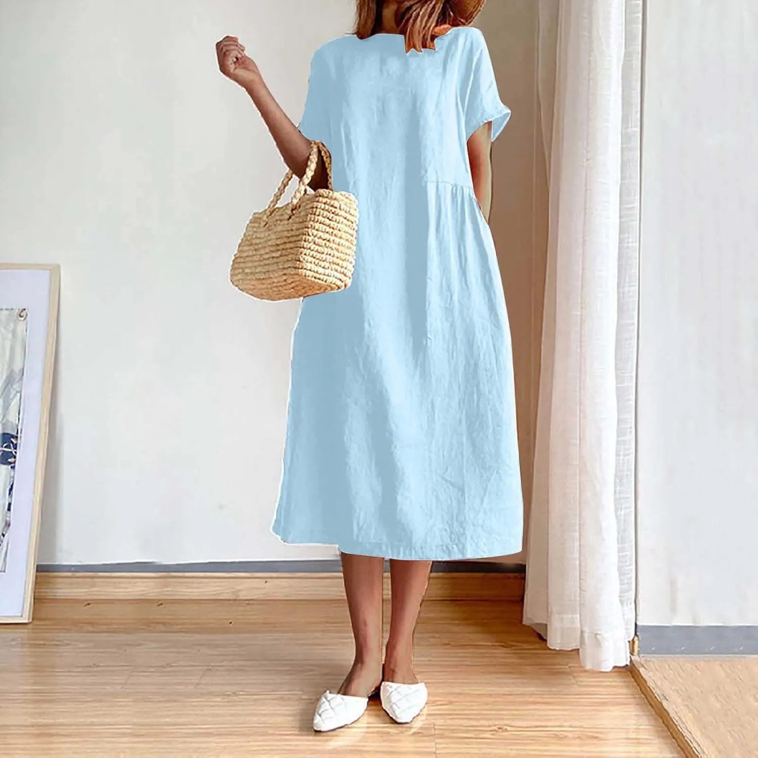 Womens Dresses 2025 Fashion Short Sleeve Solid Color Midi Dress Spring Round Neck Loose Linen Dress with Pockets