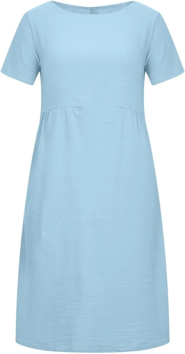 Womens Dresses 2025 Fashion Short Sleeve Solid Color Midi Dress Spring Round Neck Loose Linen Dress with Pockets