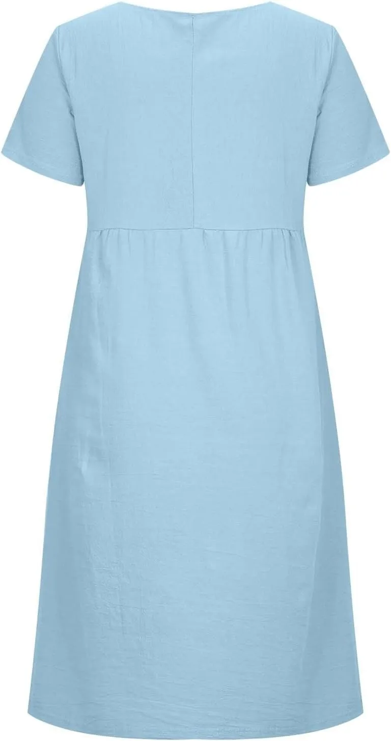 Womens Dresses 2025 Fashion Short Sleeve Solid Color Midi Dress Spring Round Neck Loose Linen Dress with Pockets