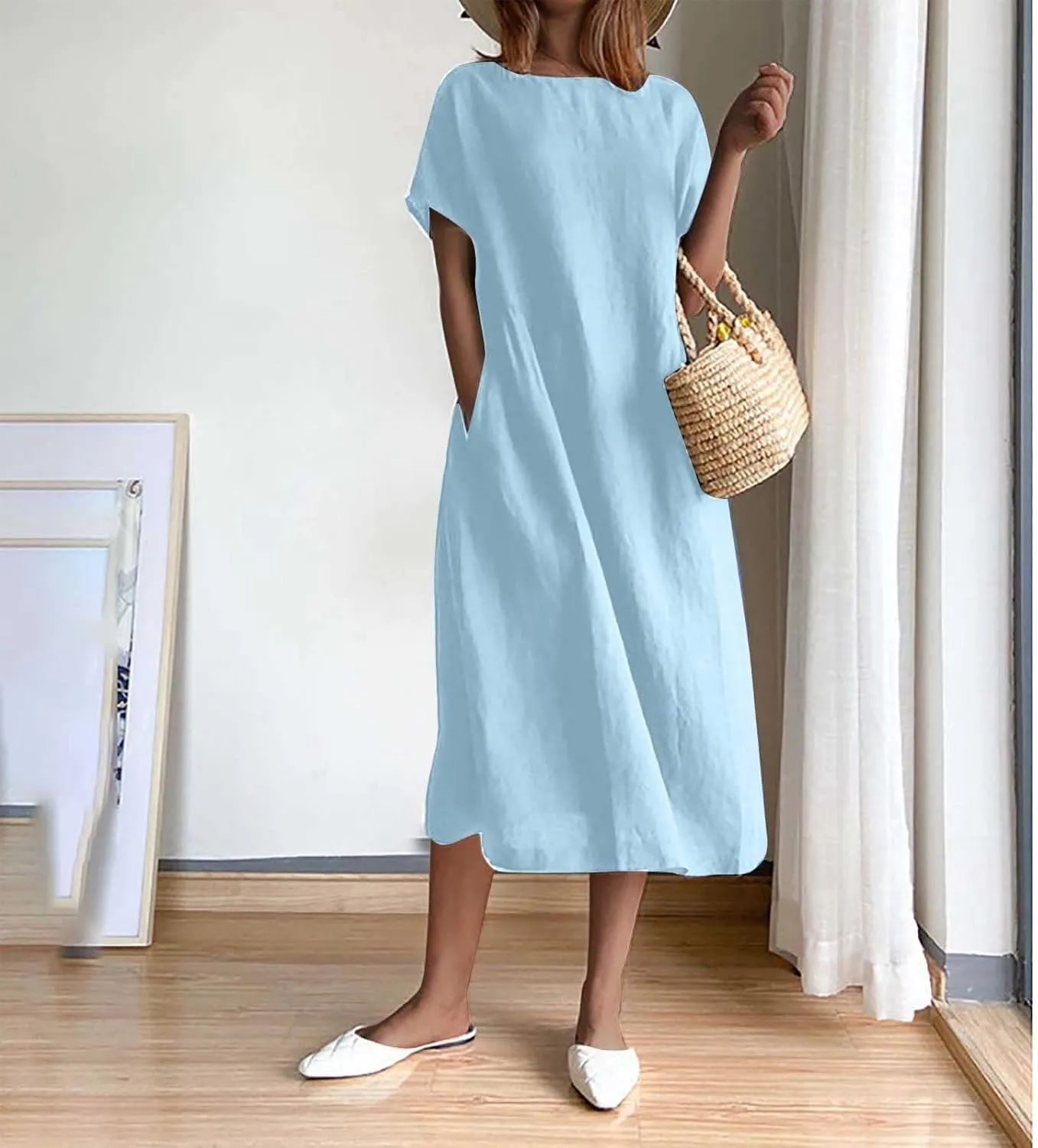 Womens Dresses 2025 Fashion Short Sleeve Solid Color Midi Dress Spring Round Neck Loose Linen Dress with Pockets