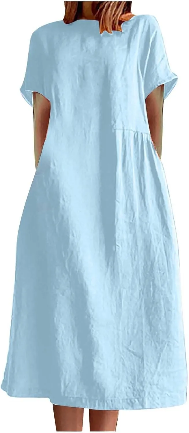 Womens Dresses 2025 Fashion Short Sleeve Solid Color Midi Dress Spring Round Neck Loose Linen Dress with Pockets