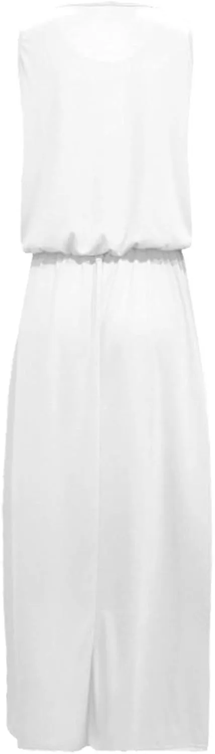 Womens Dresses 2025 Spring Summer Crew Neck Floral Flowy Swing Casual Long Dress Elegant Ruched Slit Sundress