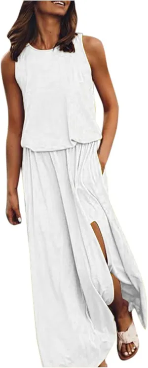 Womens Dresses 2025 Spring Summer Crew Neck Floral Flowy Swing Casual Long Dress Elegant Ruched Slit Sundress