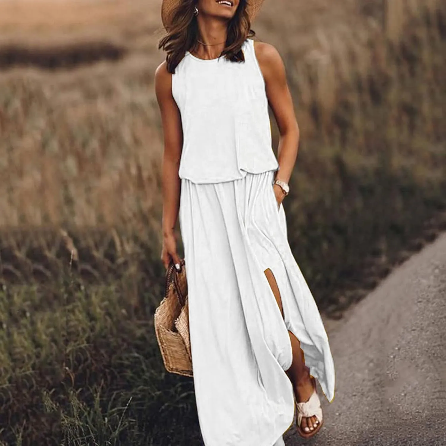 Womens Dresses 2025 Spring Summer Crew Neck Floral Flowy Swing Casual Long Dress Elegant Ruched Slit Sundress