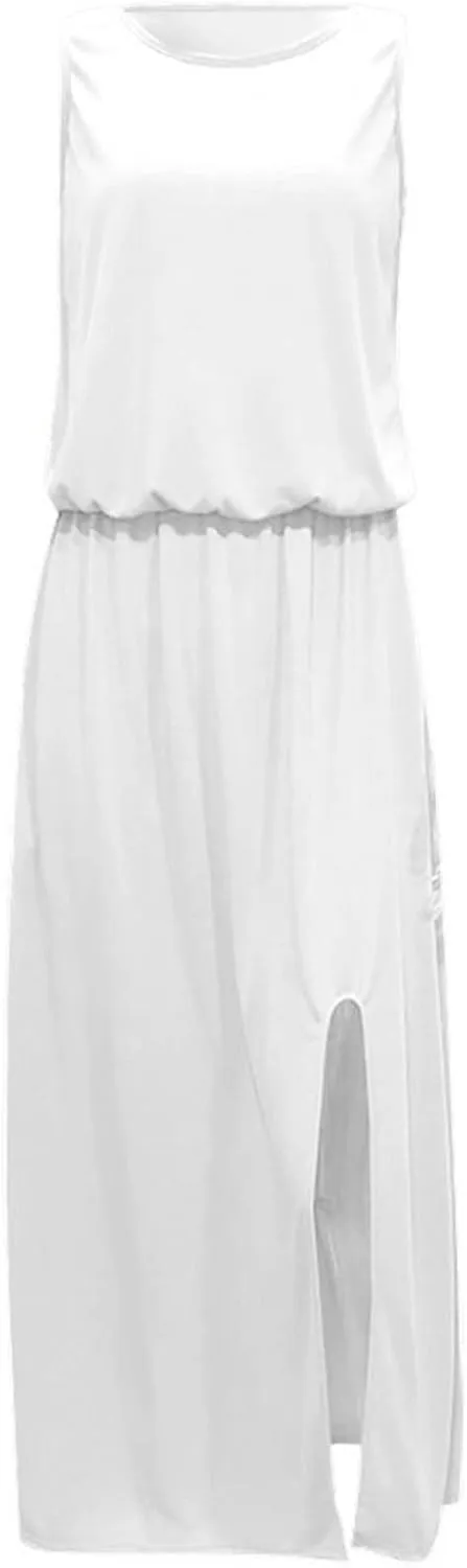 Womens Dresses 2025 Spring Summer Crew Neck Floral Flowy Swing Casual Long Dress Elegant Ruched Slit Sundress