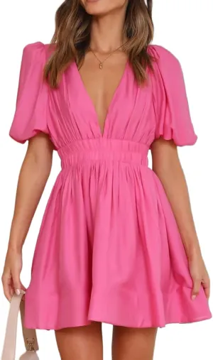 Womens Dresses Sexy Sundress Puff Sleeve Deep V Neck Mini Dress Ruffle Pleated Waist Dresses Summer Dress 2025