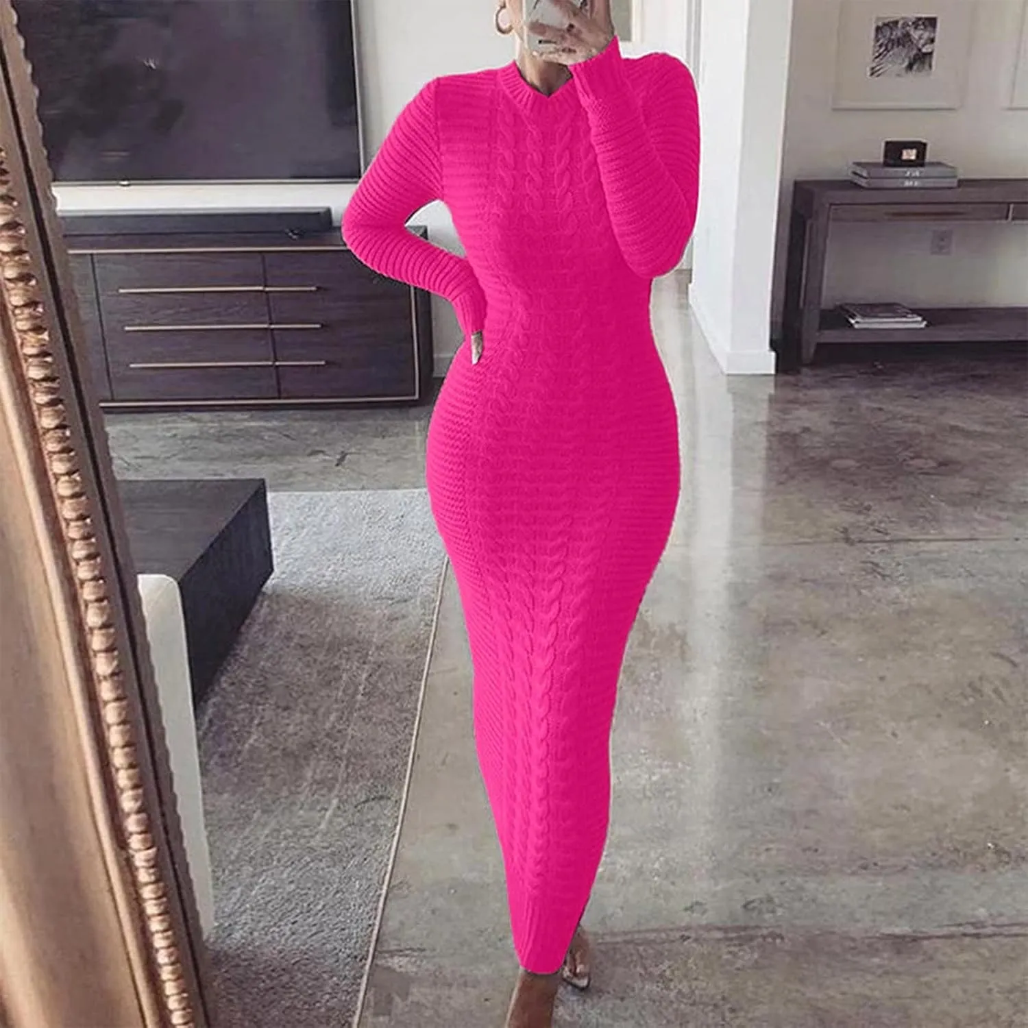 Women's Fall Winter Casual Trendy Crew Neck Long Sleeve Bodycon Knit Sweater Dress Plus Size, S-3XL