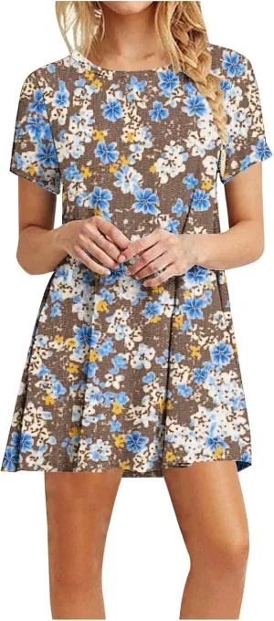 Womens Fashion Summer Shirtdress Floral Print Short Sleeve Round Neck A-Line Dresses 2025 Casual Mini Sundress
