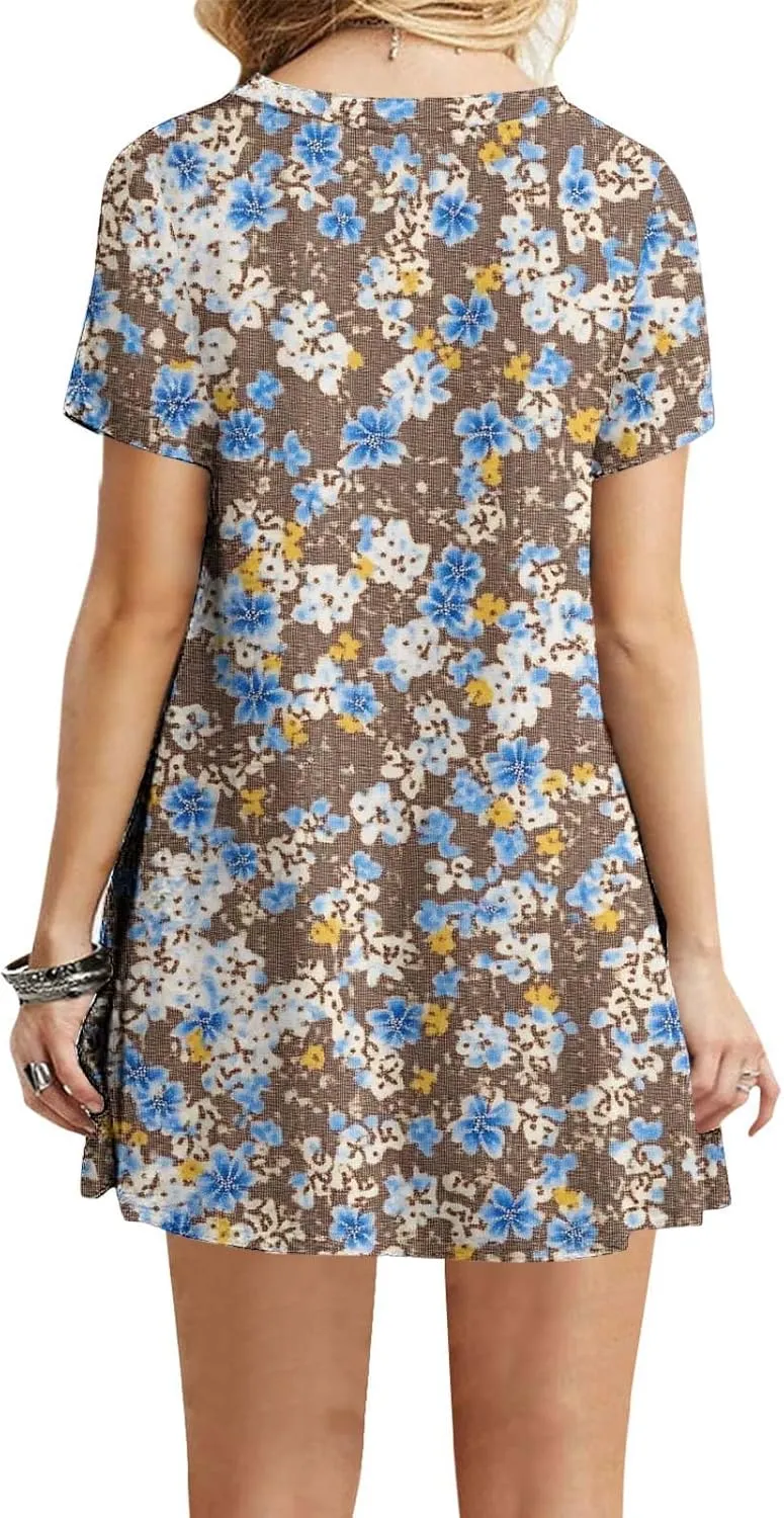 Womens Fashion Summer Shirtdress Floral Print Short Sleeve Round Neck A-Line Dresses 2025 Casual Mini Sundress